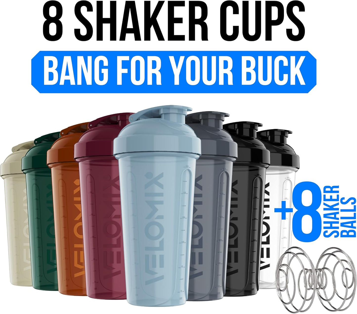 -8 PACK- 28 Oz Protein Shaker Bottle for Protein Mixes - 8X Wire Whisk | Leak Proof Shaker Cups for Protein Shakes | Stackable Protein Shaker Bottle Pack | Dishwasher Safe