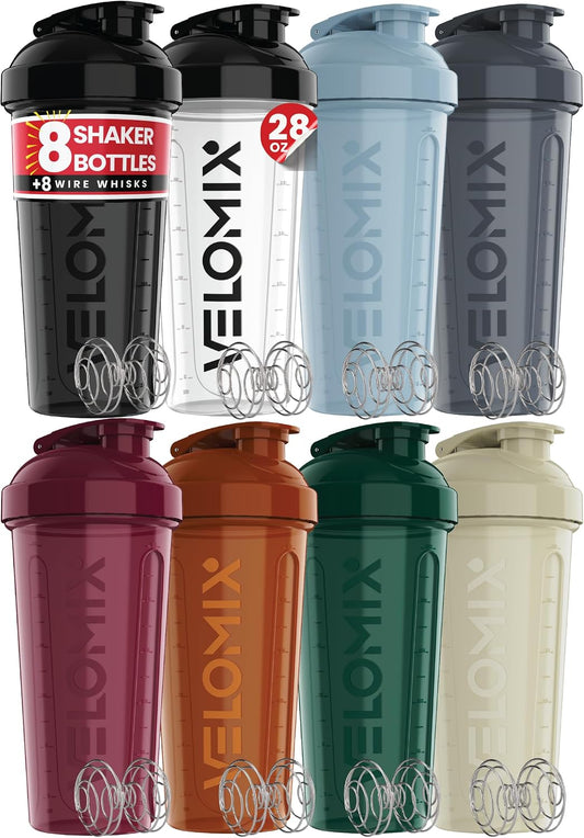 -8 PACK- 28 Oz Protein Shaker Bottle for Protein Mixes - 8X Wire Whisk | Leak Proof Shaker Cups for Protein Shakes | Stackable Protein Shaker Bottle Pack | Dishwasher Safe